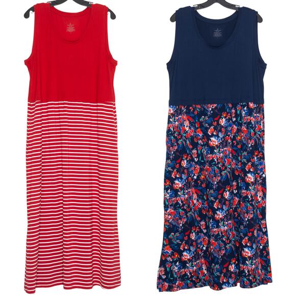 Cuddl Duds Dress Maxi Cottage Coastal Grandma Retro Floral Stripe Blue Red Large - Picture 1 of 8